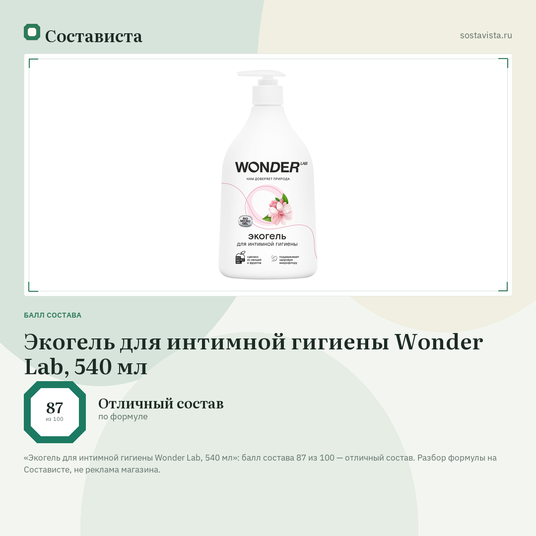 Экогель для интимной гигиены Wonder Lab, 540 мл: балл состава 87 из 100 — Состависта