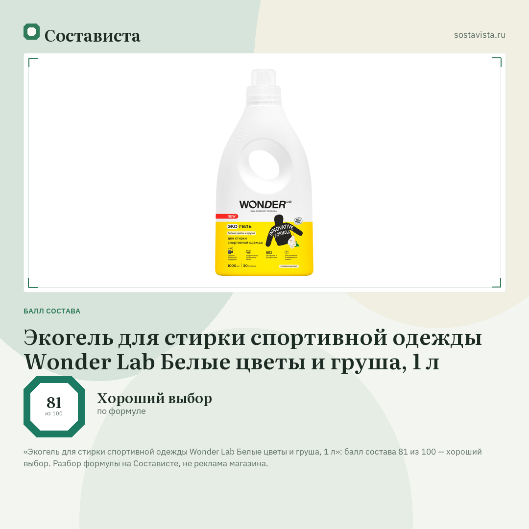 Экогель для стирки спортивной одежды Wonder Lab Белые цветы и груша, 1 л: балл состава 81 из 100 — Состависта