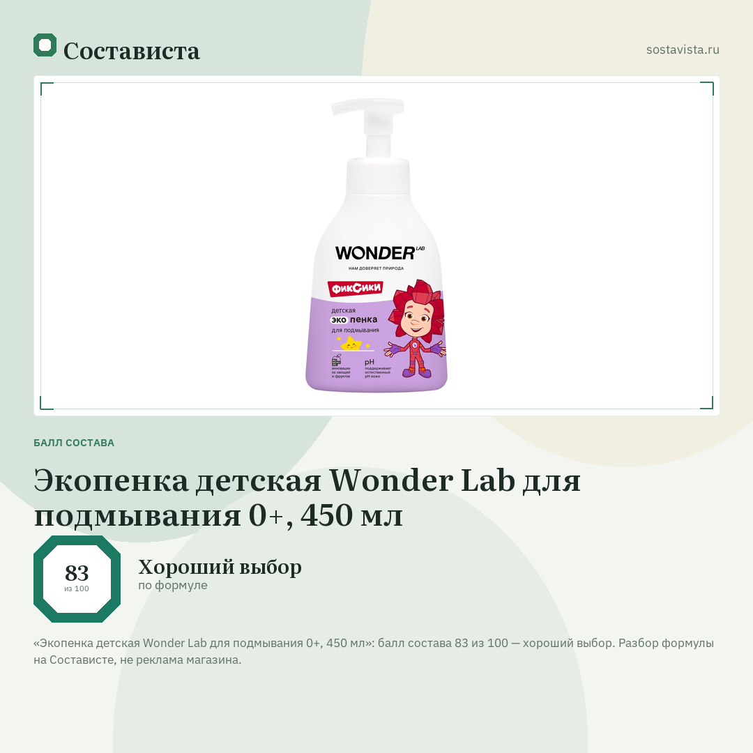 Экопенка детская Wonder Lab для подмывания 0+, 450 мл: балл состава 83 из 100 — Состависта