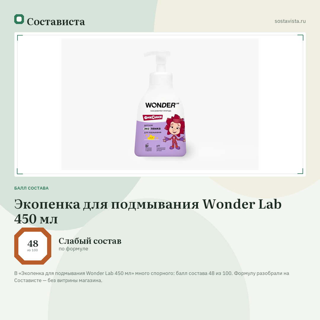 Экопенка для подмывания Wonder Lab 450 мл: балл состава 48 из 100 — Состависта