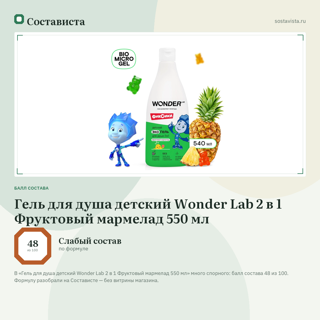 Гель для душа детский Wonder Lab 2 в 1 Фруктовый мармелад 550 мл: балл состава 48 из 100 — Состависта