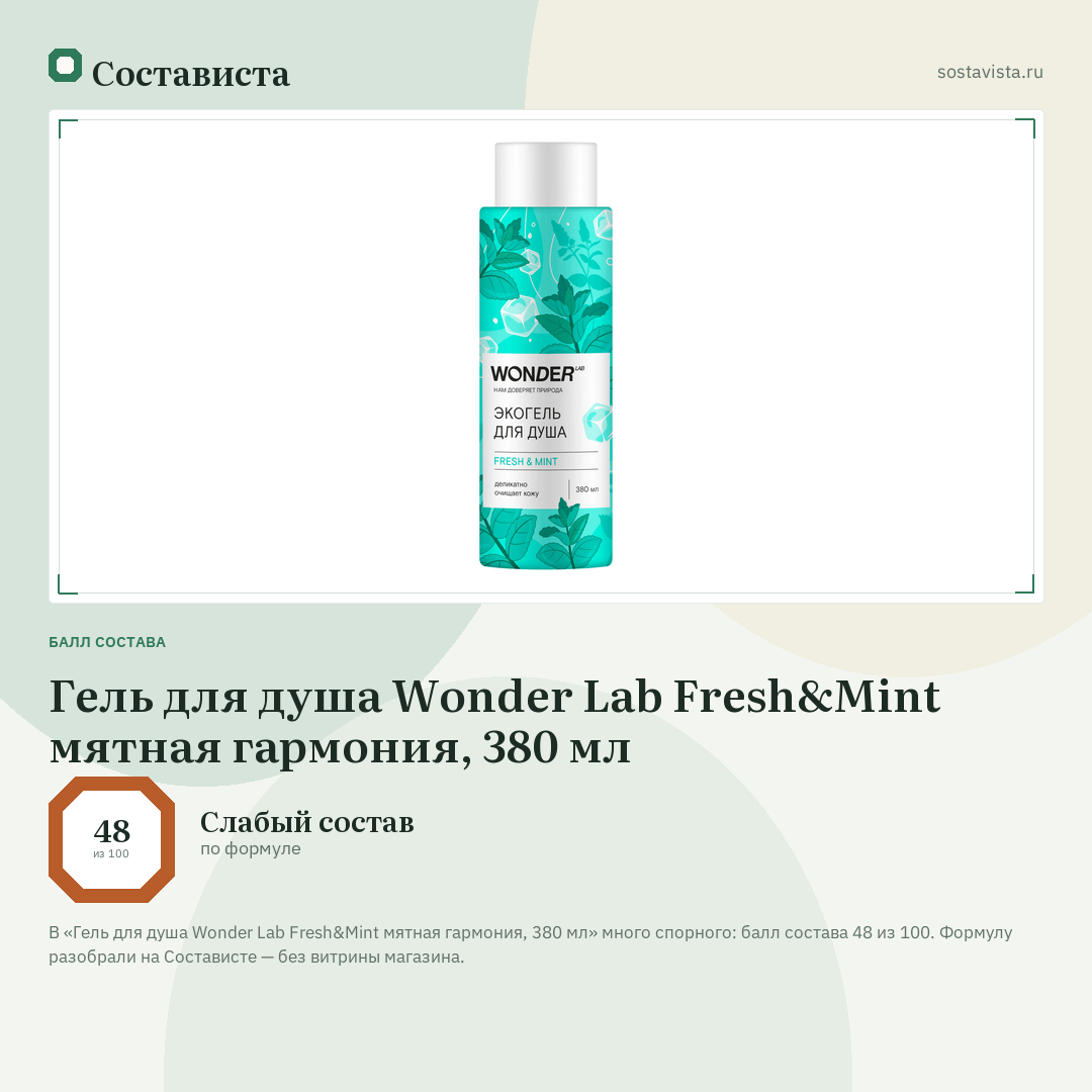 Гель для душа Wonder Lab Fresh&Mint мятная гармония, 380 мл: балл состава 48 из 100 — Состависта