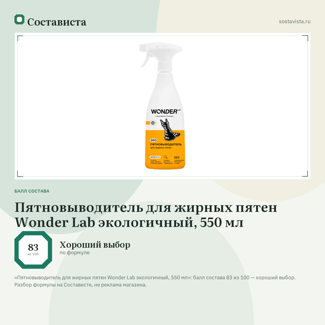 Пятновыводитель для жирных пятен Wonder Lab экологичный, 550 мл: балл состава 83 из 100 — Состависта