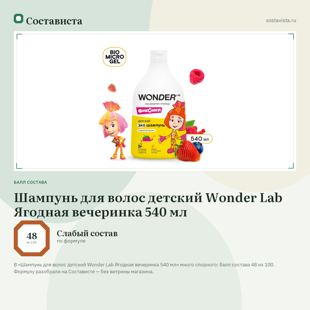 Шампунь для волос детский Wonder Lab Ягодная вечеринка 540 мл: балл состава 48 из 100 — Состависта