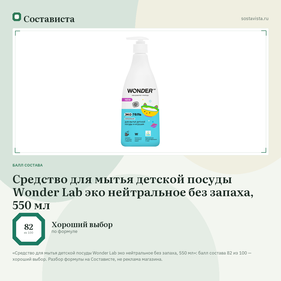 Средство для мытья детской посуды Wonder Lab эко нейтральное без запаха, 550 мл: балл состава 82 из 100 — Состависта