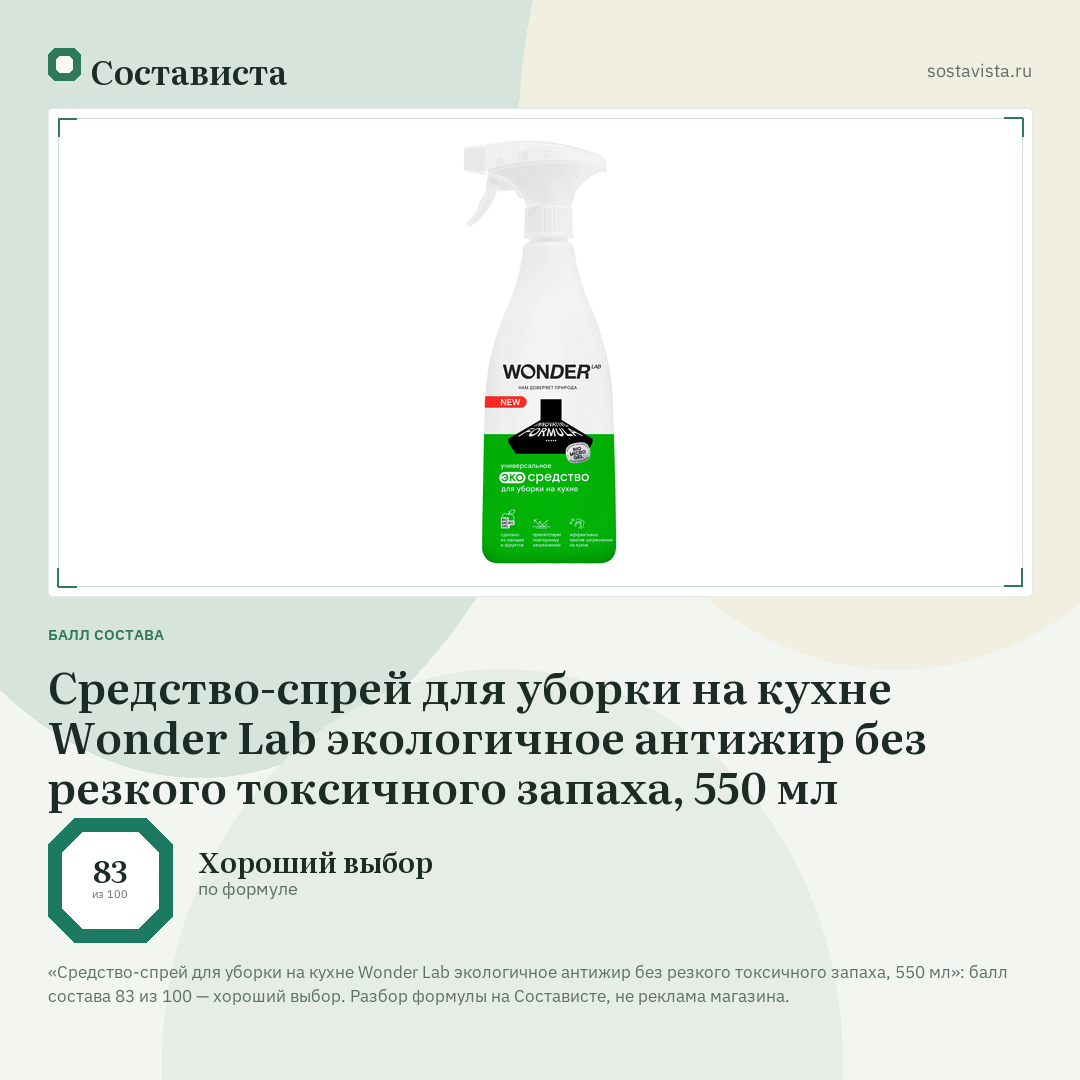 Средство-спрей для уборки на кухне Wonder Lab экологичное антижир без резкого токсичного запаха, 550 мл: балл состава 83 из 100 — Состависта