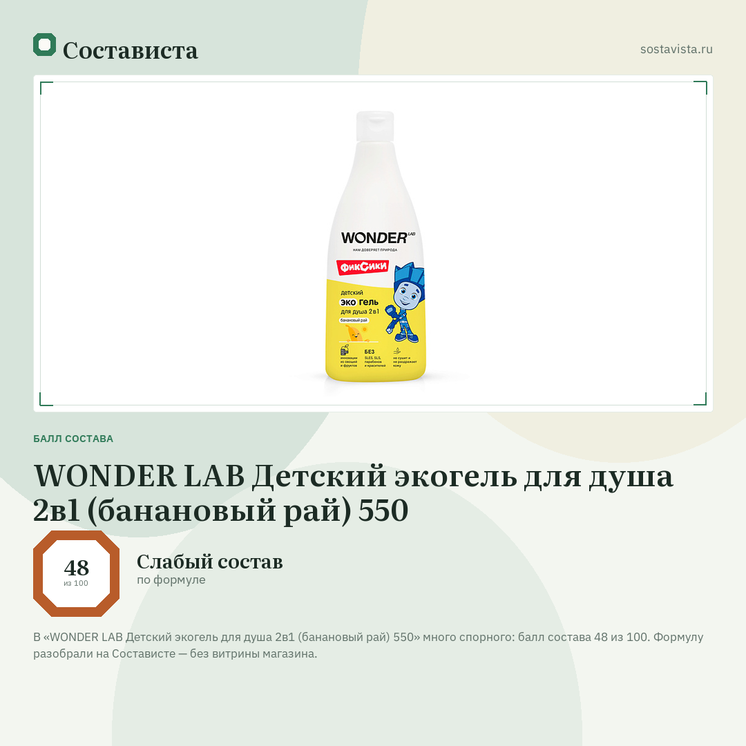 WONDER LAB Детский экогель для душа 2в1 (банановый рай) 550: балл состава 48 из 100 — Состависта