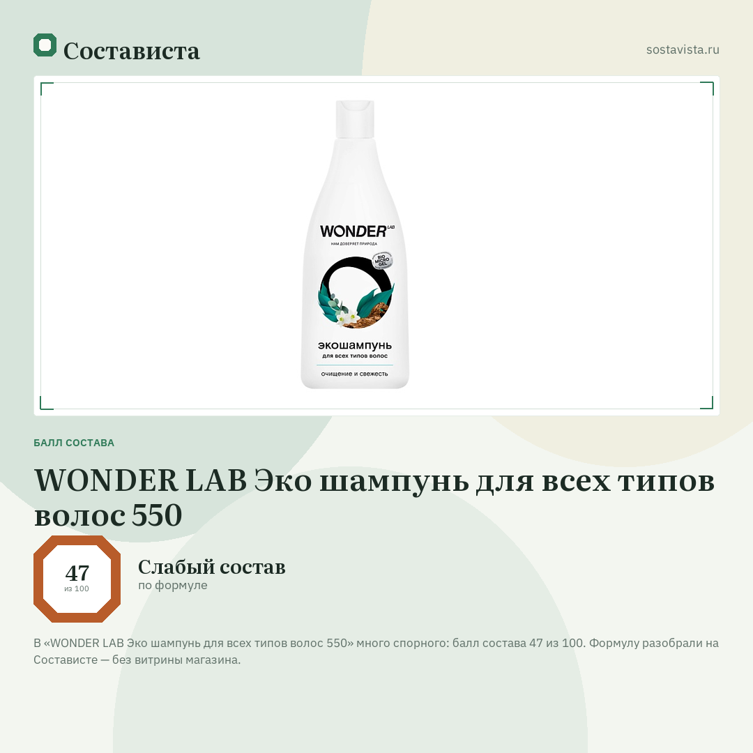 WONDER LAB Эко шампунь для всех типов волос 550: балл состава 47 из 100 — Состависта