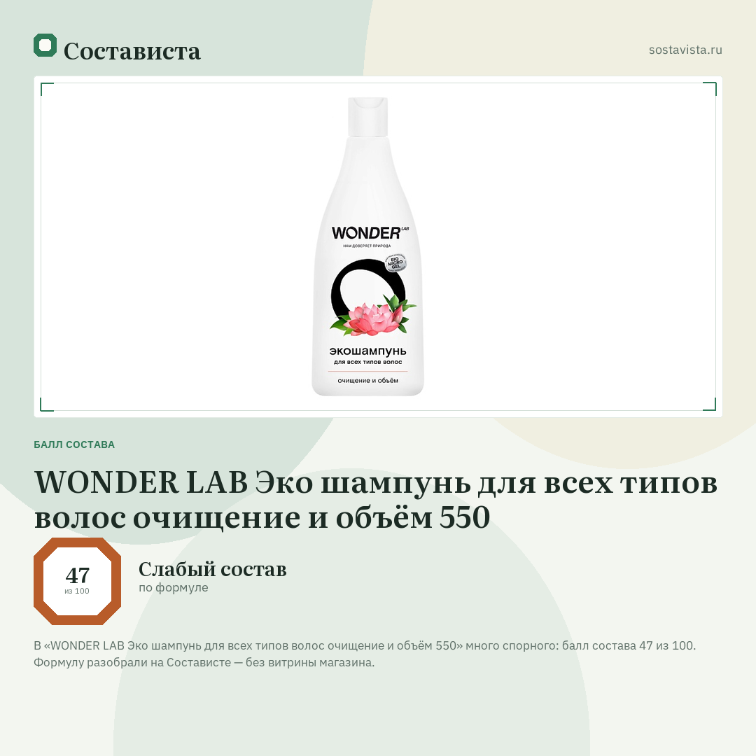 WONDER LAB Эко шампунь для всех типов волос очищение и объём 550: балл состава 47 из 100 — Состависта