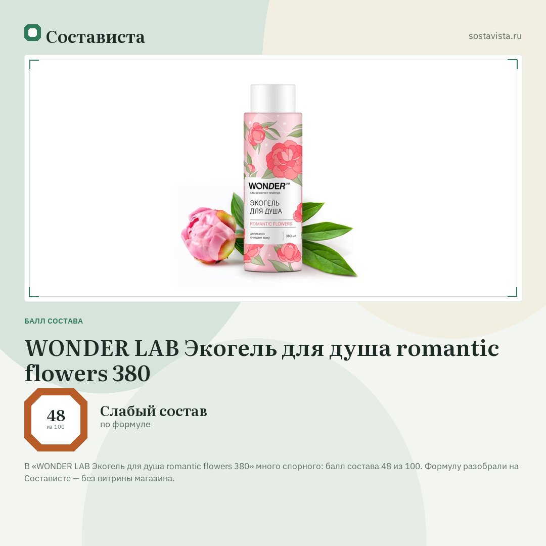 WONDER LAB Экогель для душа romantic flowers 380: балл состава 48 из 100 — Состависта