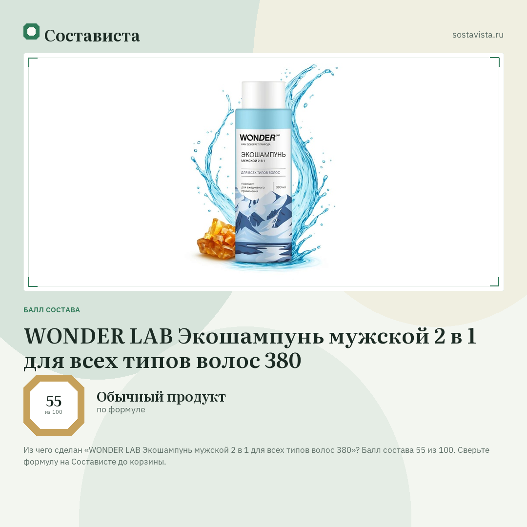 WONDER LAB Экошампунь мужской 2 в 1 для всех типов волос 380: балл состава 55 из 100 — Состависта
