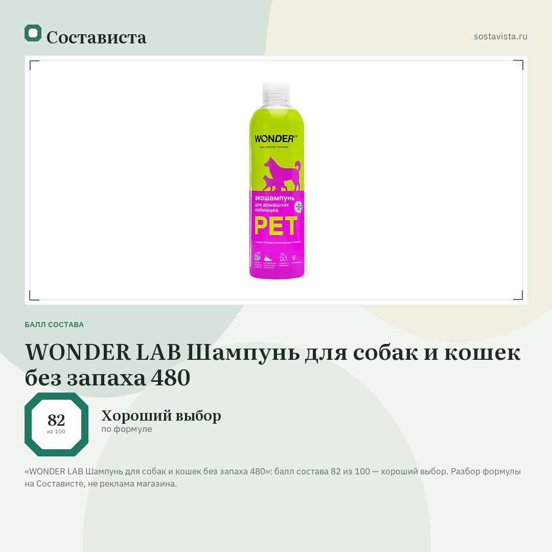 WONDER LAB Шампунь для собак и кошек без запаха 480: балл состава 82 из 100 — Состависта