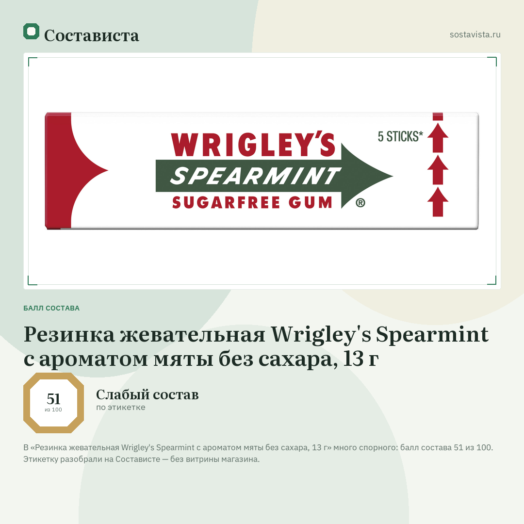 Резинка жевательная Wrigley's Spearmint с ароматом мяты без сахара, 13 г: балл состава 51 из 100 — Состависта