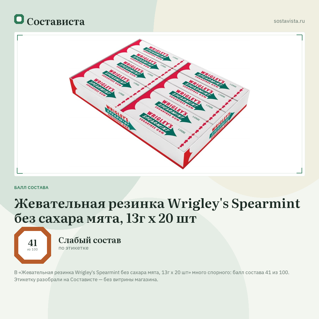 Жевательная резинка Wrigley's Spearmint без сахара мята, 13г x 20 шт: балл состава 41 из 100 — Состависта