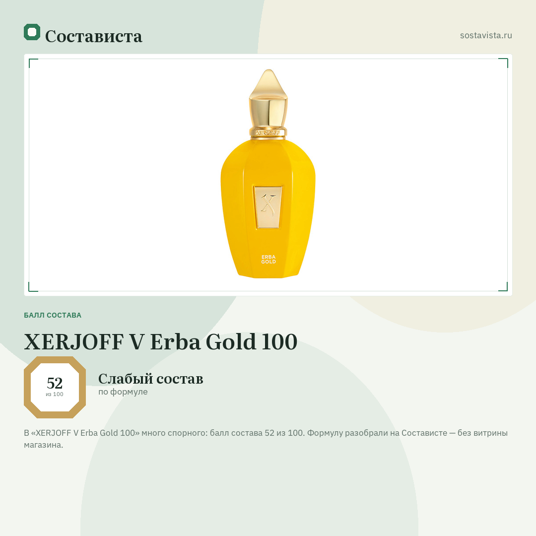 XERJOFF V Erba Gold 100: балл состава 52 из 100 — Состависта