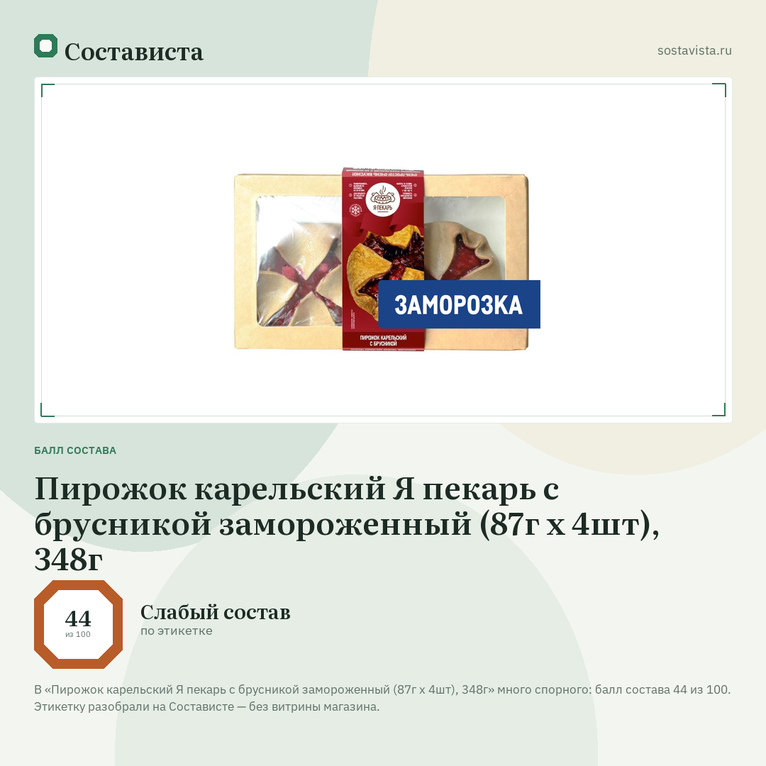 Пирожок карельский Я пекарь с брусникой замороженный (87г x 4шт), 348г: балл состава 44 из 100 — Состависта