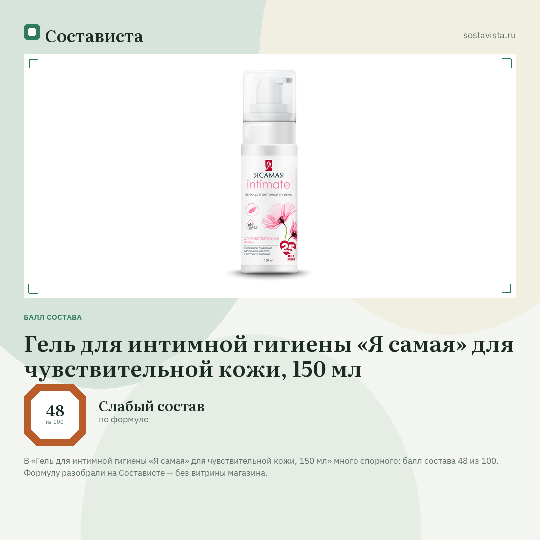 Гель для интимной гигиены «Я самая» для чувствительной кожи, 150 мл: балл состава 48 из 100 — Состависта