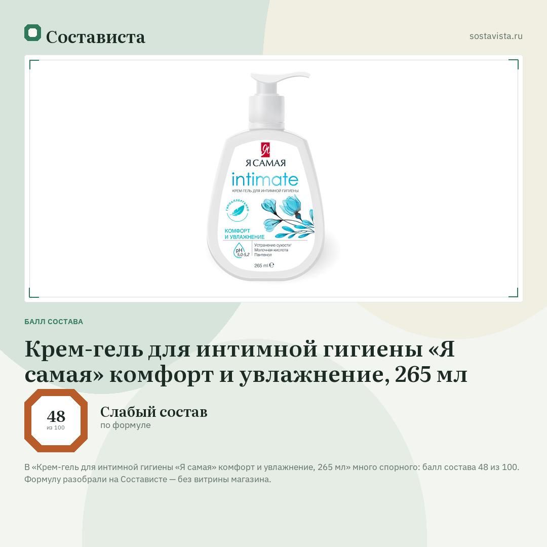 Крем-гель для интимной гигиены «Я самая» комфорт и увлажнение, 265 мл: балл состава 48 из 100 — Состависта