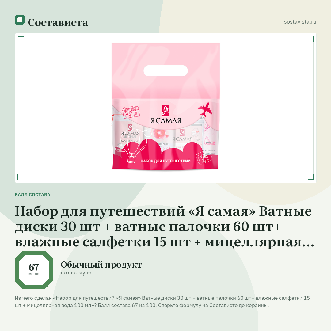 Набор для путешествий «Я самая» Ватные диски 30 шт + ватные палочки 60 шт+ влажные салфетки 15 шт + мицеллярная вода 100 мл: балл состава 67 из 100 — Состависта