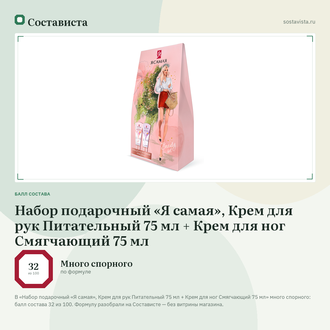 Набор подарочный «Я самая», Крем для рук Питательный 75 мл + Крем для ног Смягчающий 75 мл: балл состава 32 из 100 — Состависта