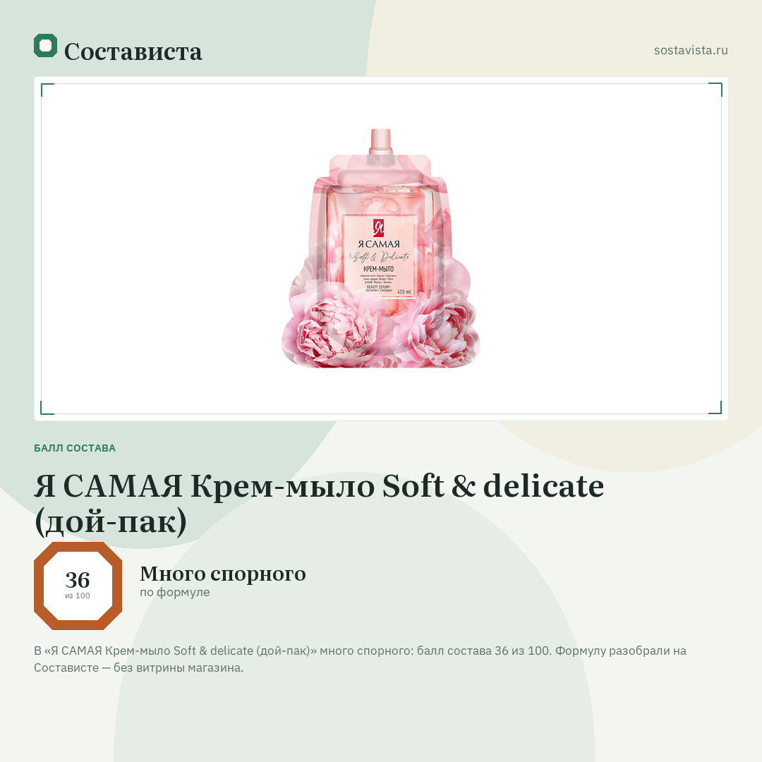 Я САМАЯ Крем-мыло Soft & delicate (дой-пак): балл состава 36 из 100 — Состависта