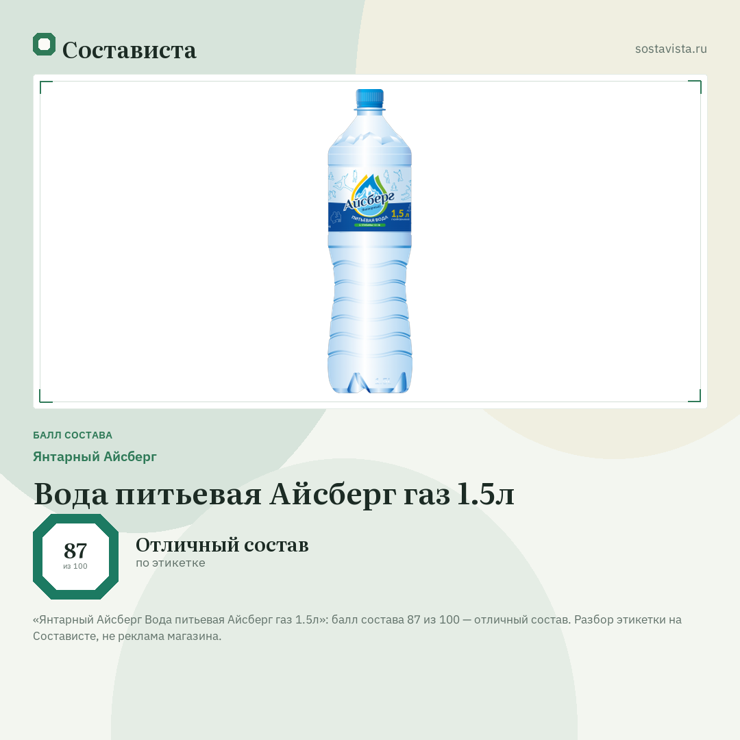 Янтарный Айсберг Вода питьевая Айсберг газ 1.5л: балл состава 87 из 100 — Состависта