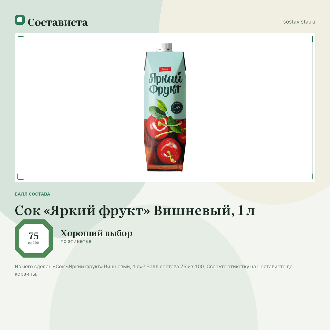 Сок «Яркий фрукт» Вишневый, 1 л: балл состава 75 из 100 — Состависта