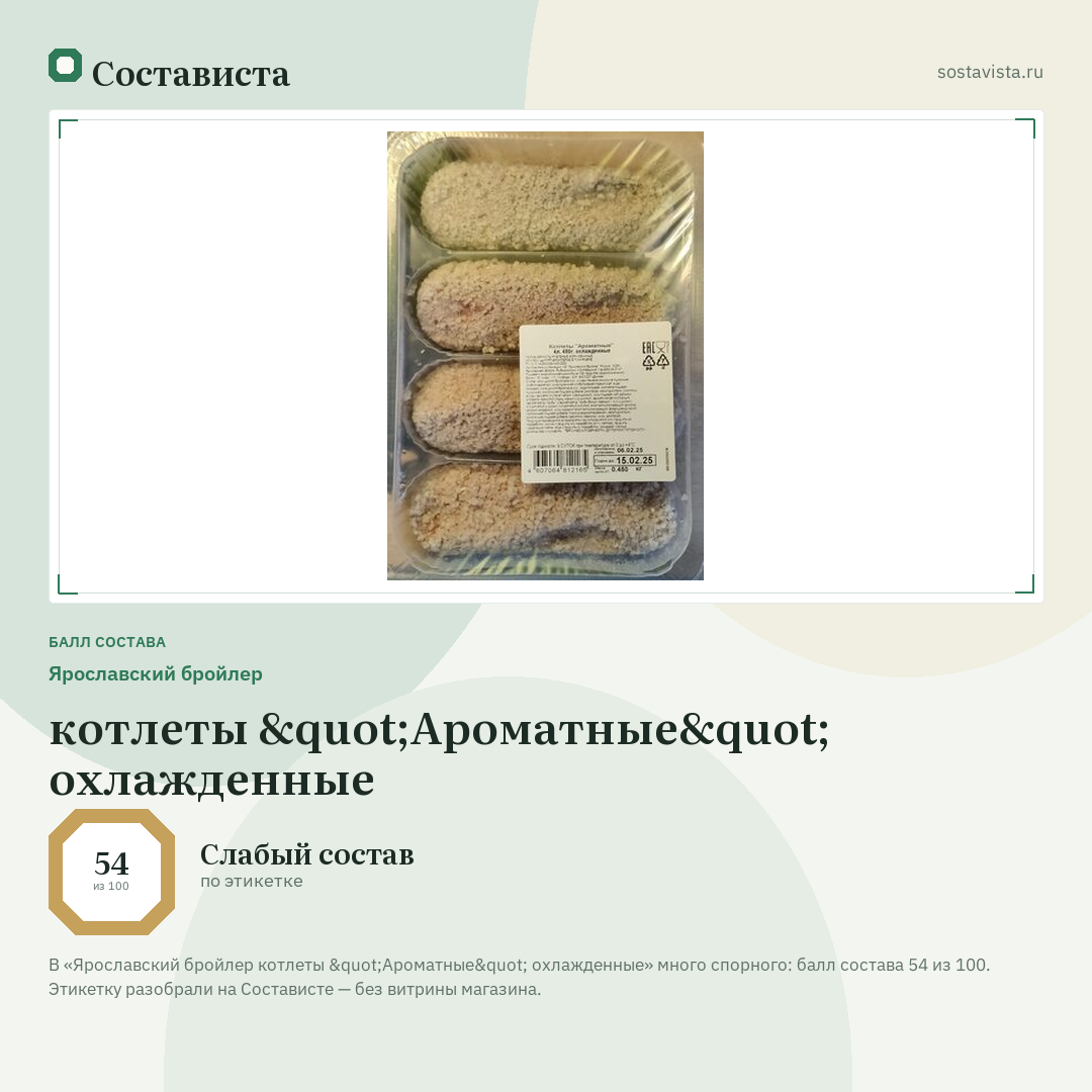 Ярославский бройлер котлеты "Ароматные" охлажденные: балл состава 54 из 100 — Состависта