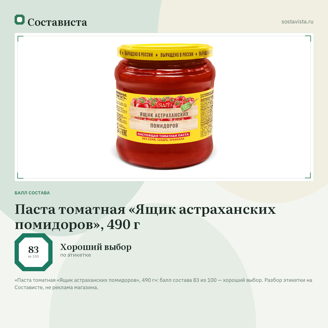 Паста томатная «Ящик астраханских помидоров», 490 г: балл состава 83 из 100 — Состависта