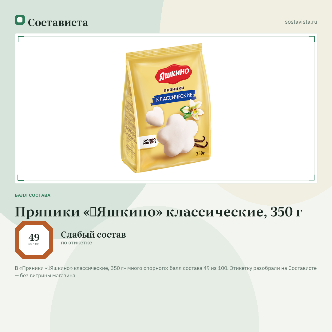 Пряники «‎Яшкино» классические, 350 г: балл состава 49 из 100 — Состависта