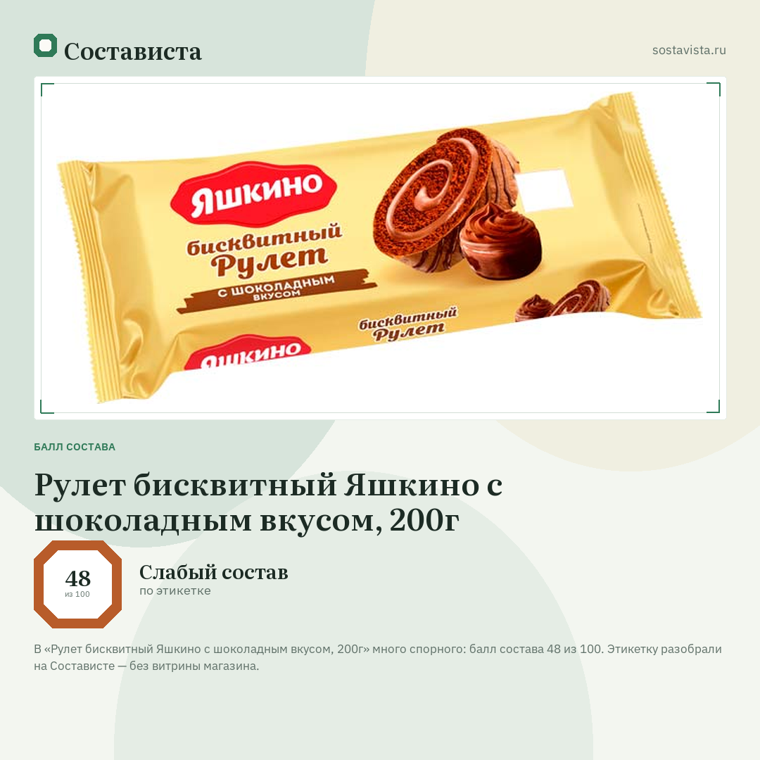 Рулет бисквитный Яшкино с шоколадным вкусом, 200г: балл состава 48 из 100 — Состависта