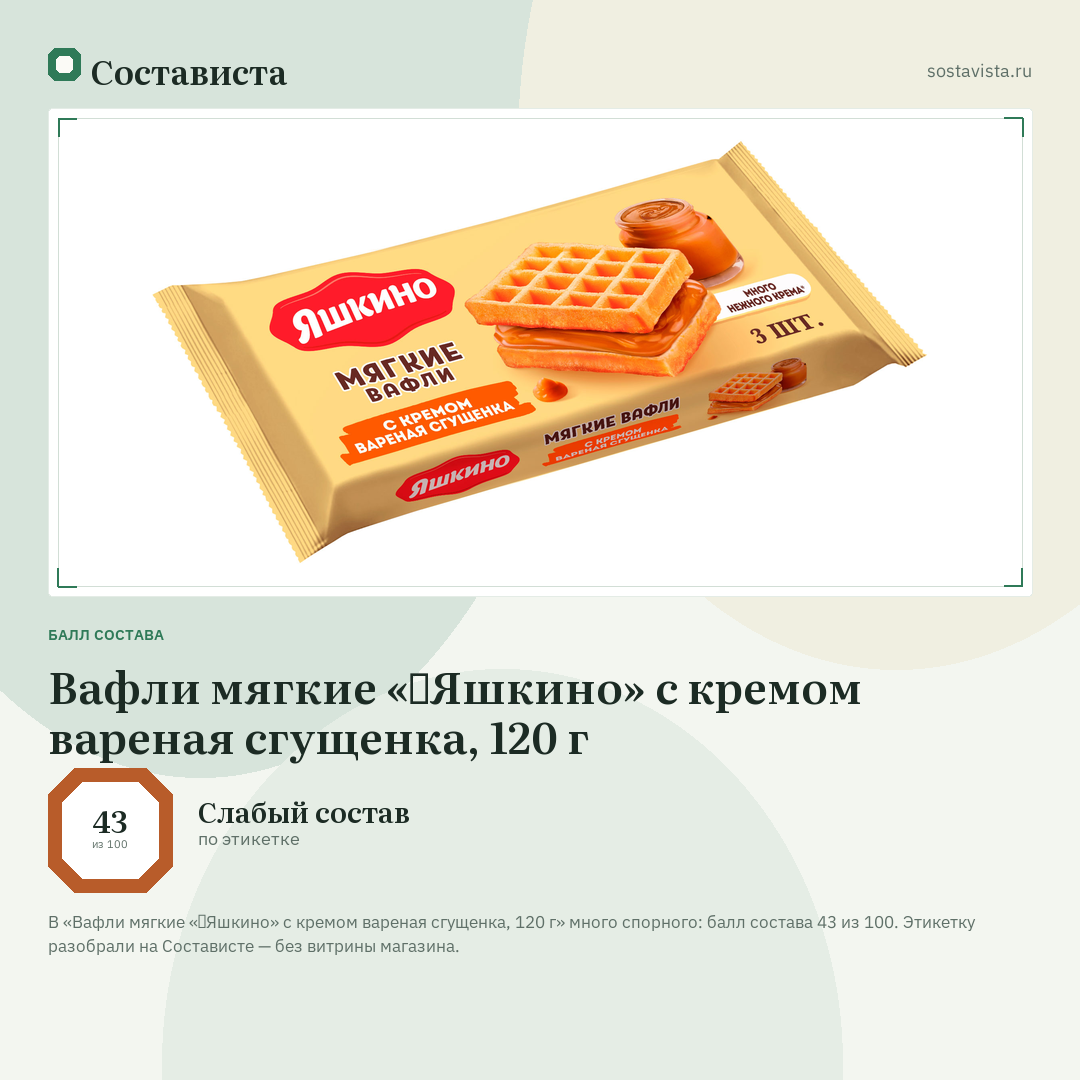 Вафли мягкие «‎Яшкино» с кремом вареная сгущенка, 120 г: балл состава 43 из 100 — Состависта