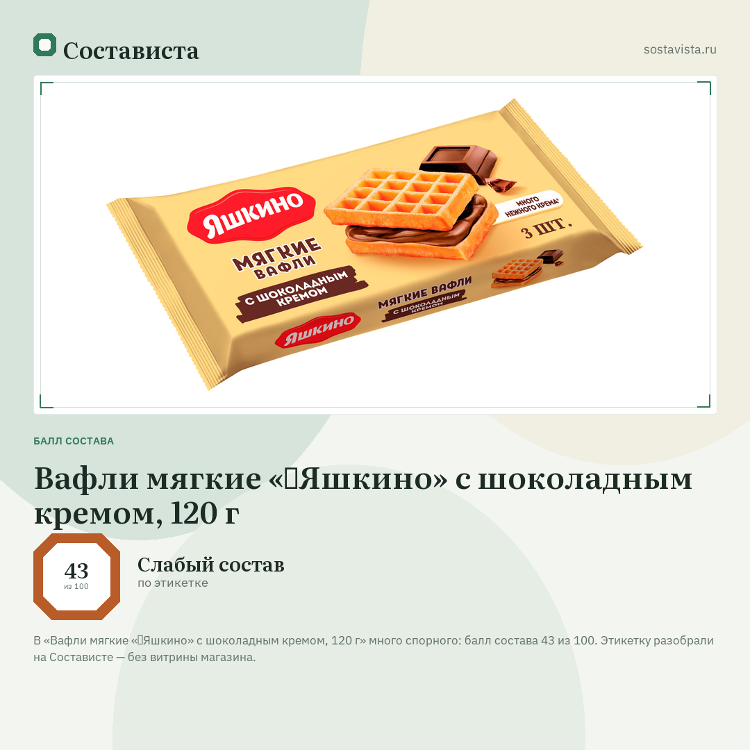 Вафли мягкие «‎Яшкино» с шоколадным кремом, 120 г: балл состава 43 из 100 — Состависта