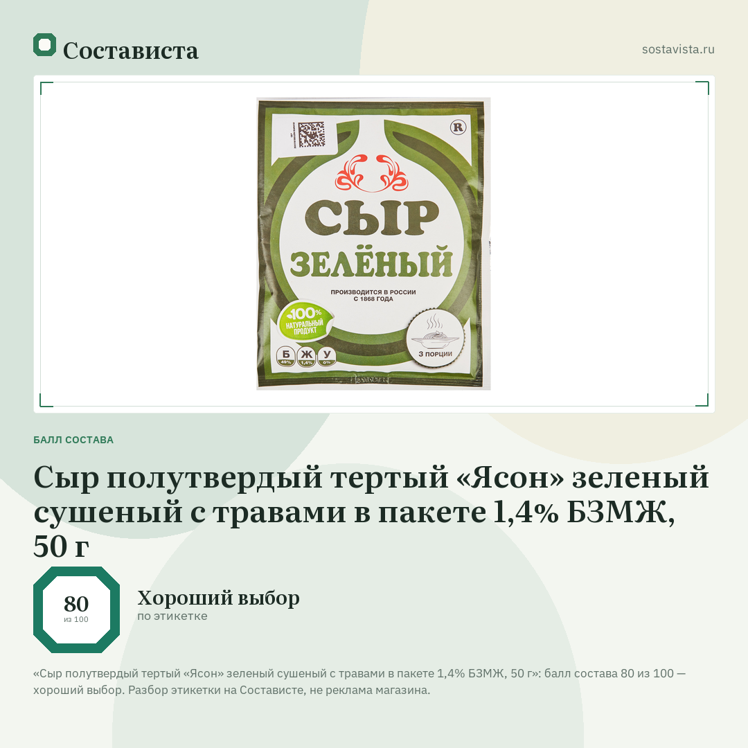 Сыр полутвердый тертый «Ясон» зеленый сушеный с травами в пакете 1,4% БЗМЖ, 50 г: балл состава 80 из 100 — Состависта
