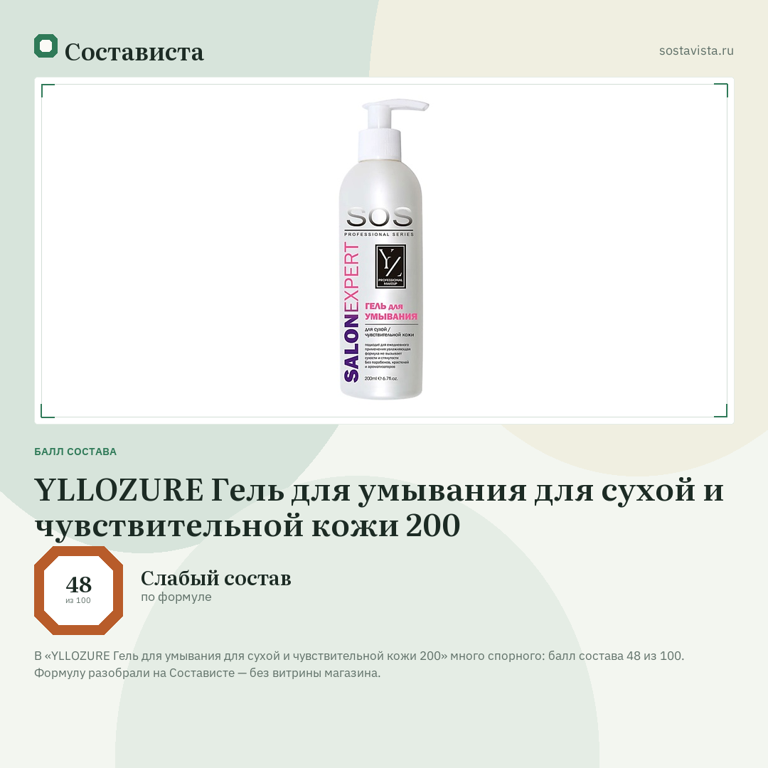 YLLOZURE Гель для умывания для сухой и чувствительной кожи 200: балл состава 48 из 100 — Состависта