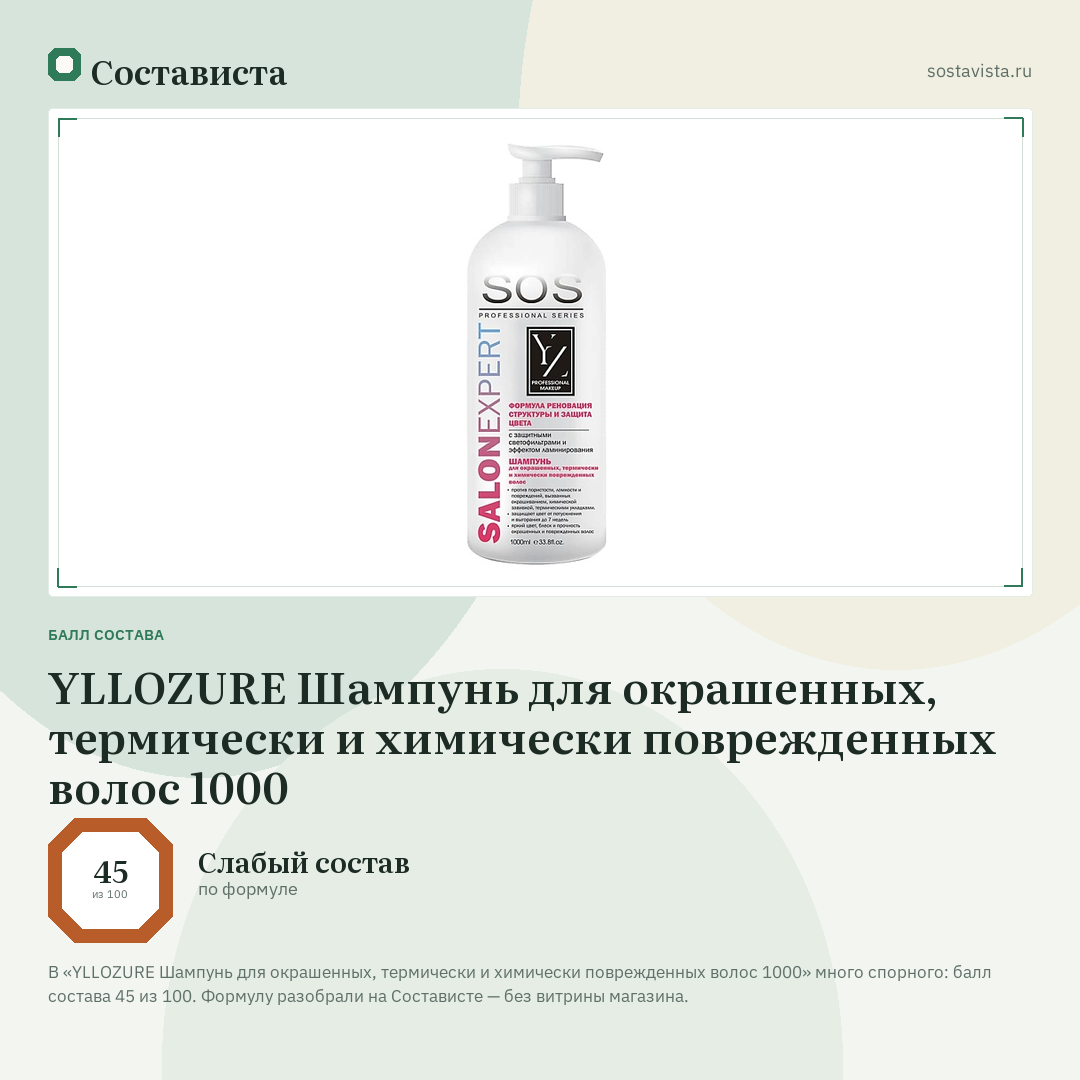YLLOZURE Шампунь для окрашенных, термически и химически поврежденных волос 1000: балл состава 45 из 100 — Состависта