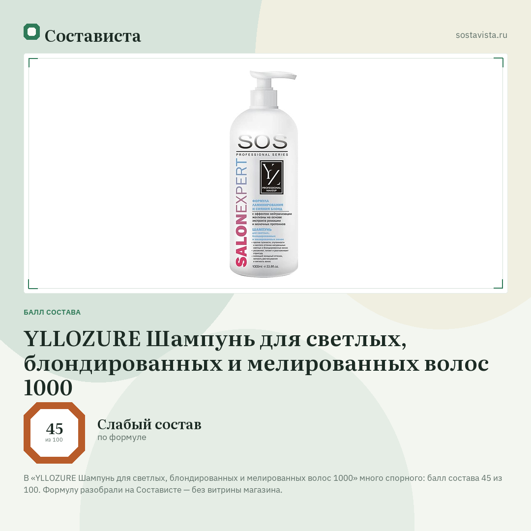 YLLOZURE Шампунь для светлых, блондированных и мелированных волос 1000: балл состава 45 из 100 — Состависта