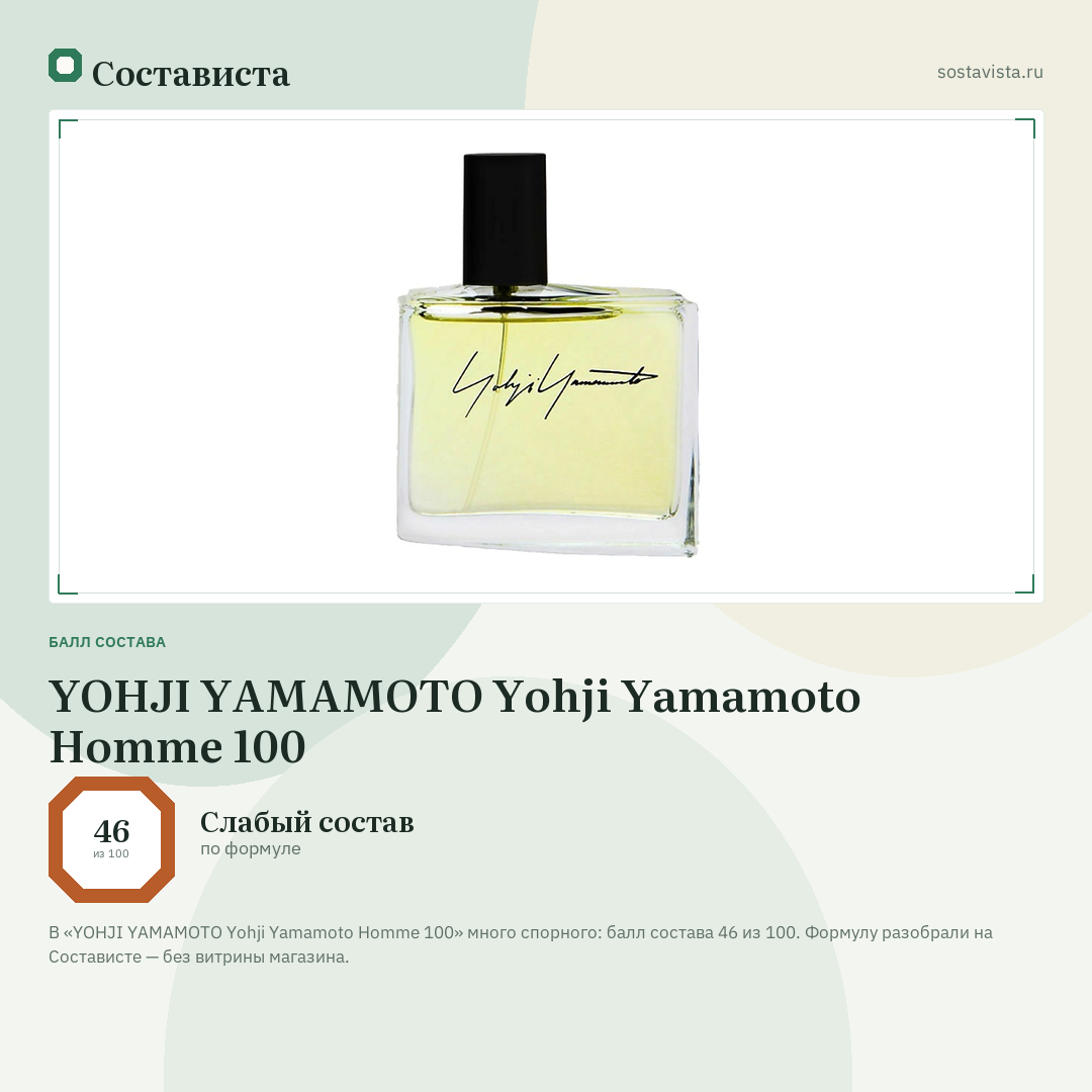 YOHJI YAMAMOTO Yohji Yamamoto Homme 100: балл состава 46 из 100 — Состависта