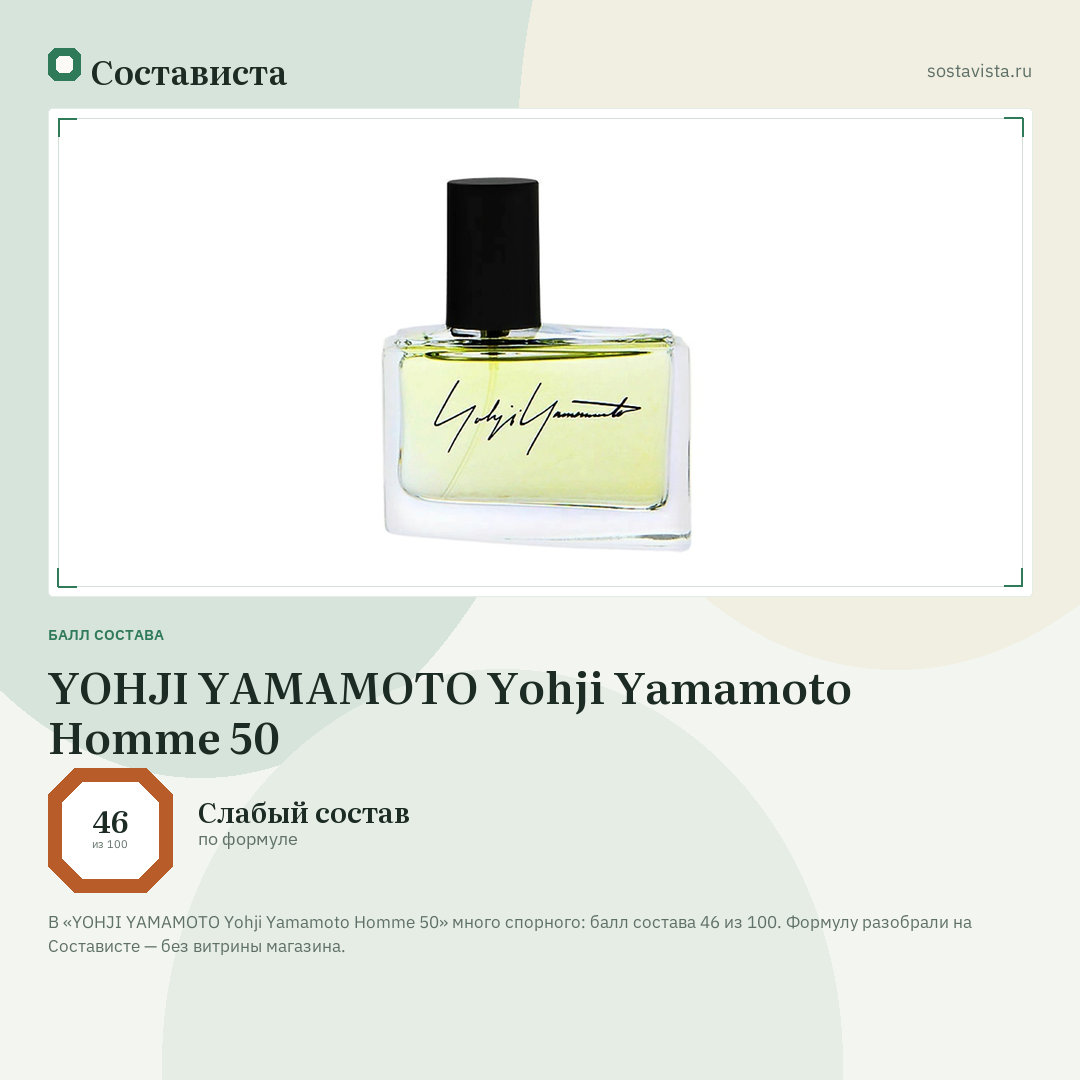YOHJI YAMAMOTO Yohji Yamamoto Homme 50: балл состава 46 из 100 — Состависта