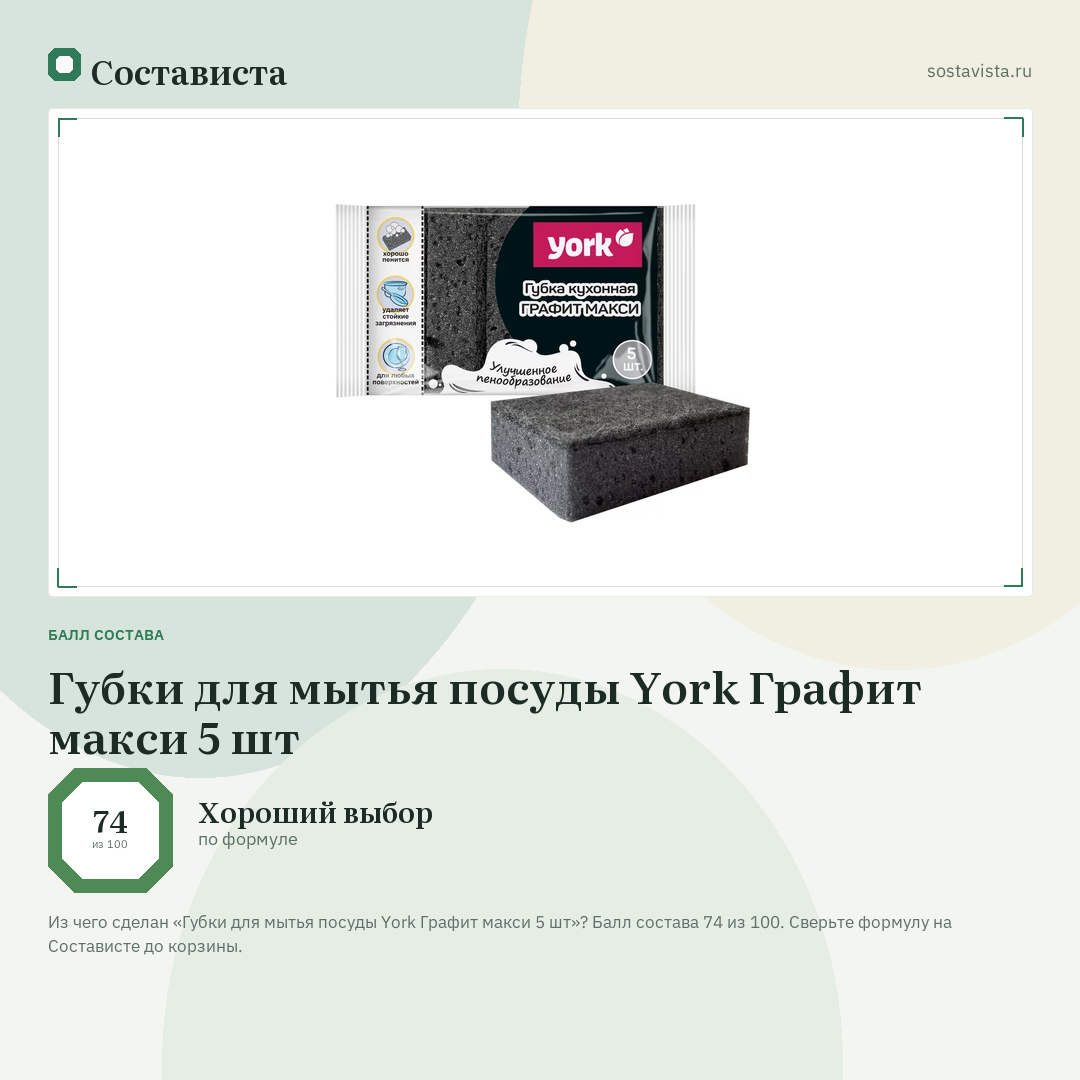 Губки для мытья посуды York Графит макси 5 шт: балл состава 74 из 100 — Состависта