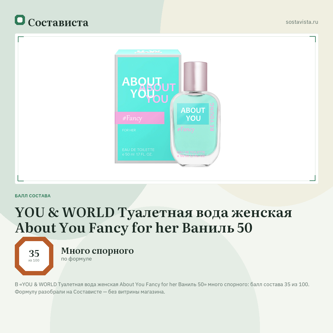 YOU & WORLD Туалетная вода женская About You Fancy for her Ваниль 50: балл состава 35 из 100 — Состависта