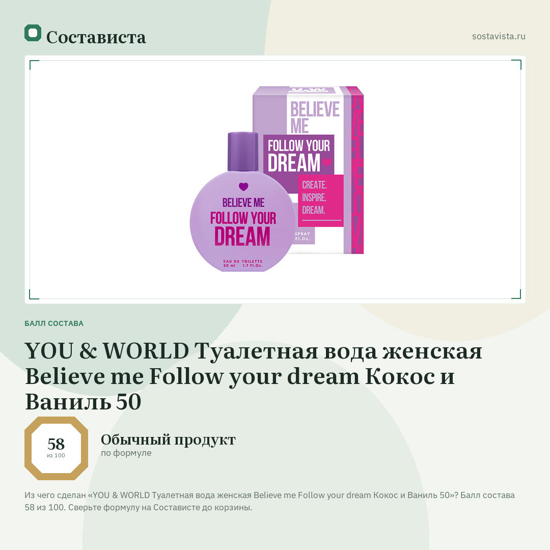 YOU & WORLD Туалетная вода женская Believe me Follow your dream Кокос и Ваниль 50: балл состава 58 из 100 — Состависта