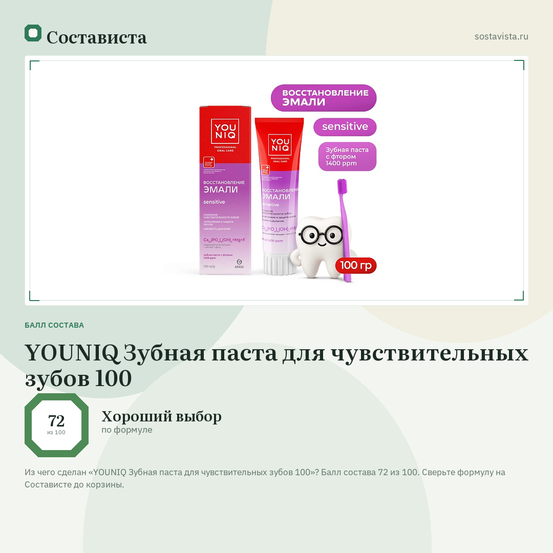 YOUNIQ Зубная паста для чувствительных зубов 100: балл состава 72 из 100 — Состависта