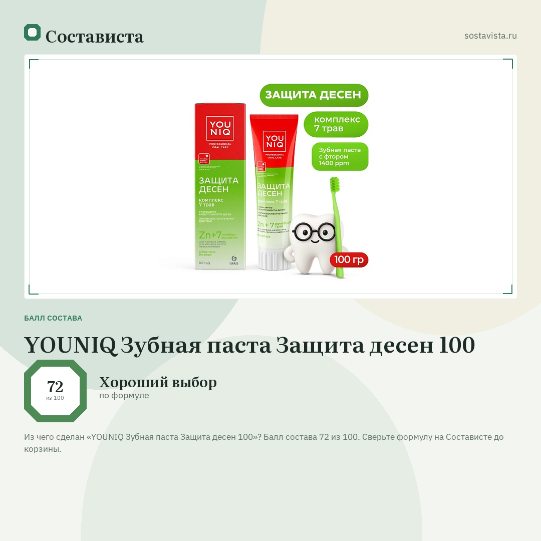 YOUNIQ Зубная паста Защита десен 100: балл состава 72 из 100 — Состависта