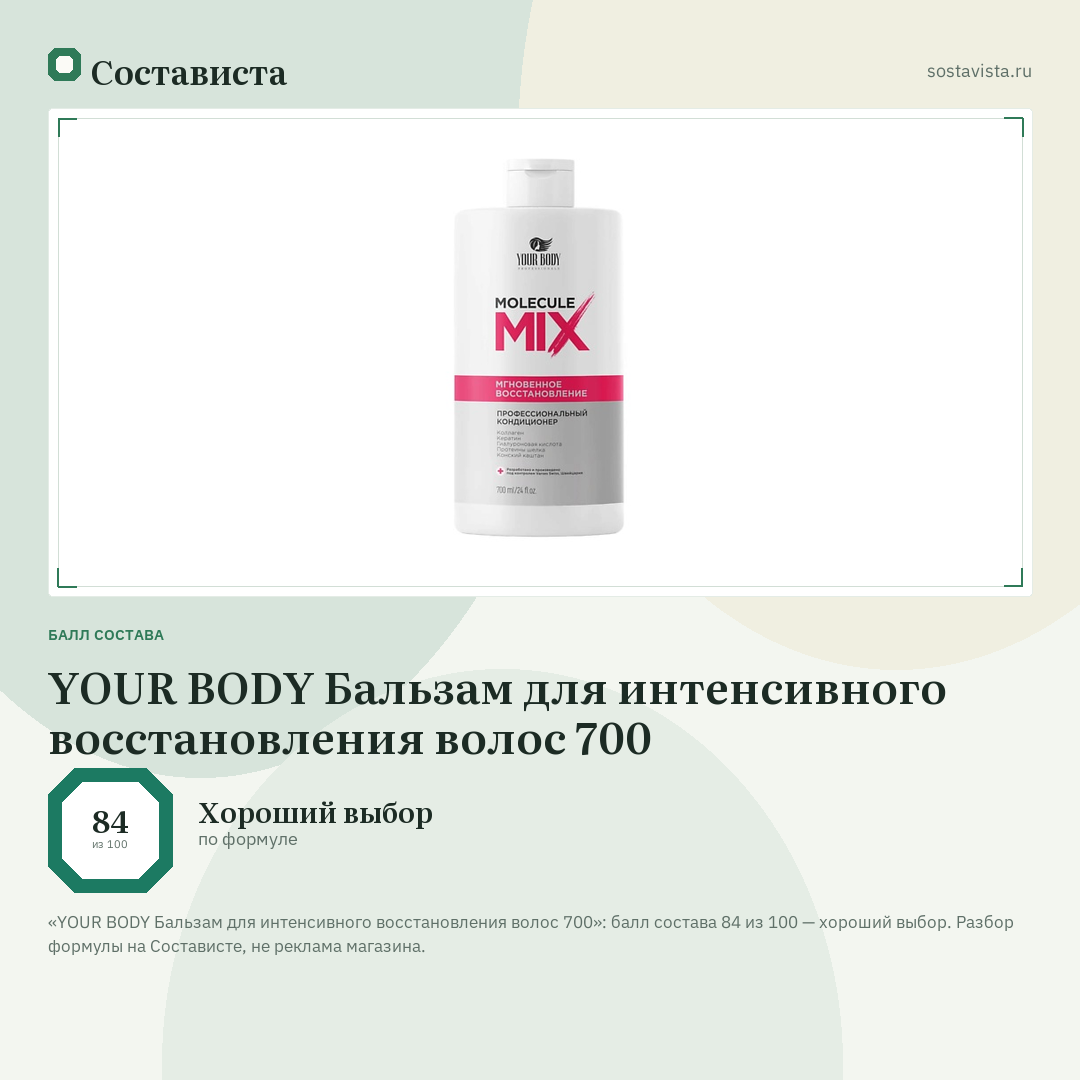 YOUR BODY Бальзам для интенсивного восстановления волос 700: балл состава 84 из 100 — Состависта