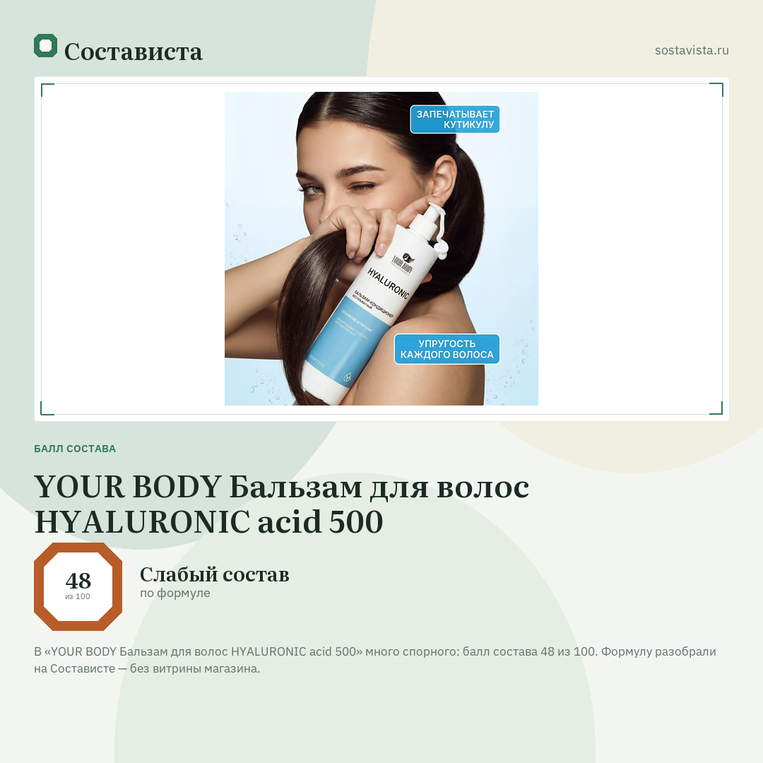 YOUR BODY Бальзам для волос HYALURONIC acid 500: балл состава 48 из 100 — Состависта