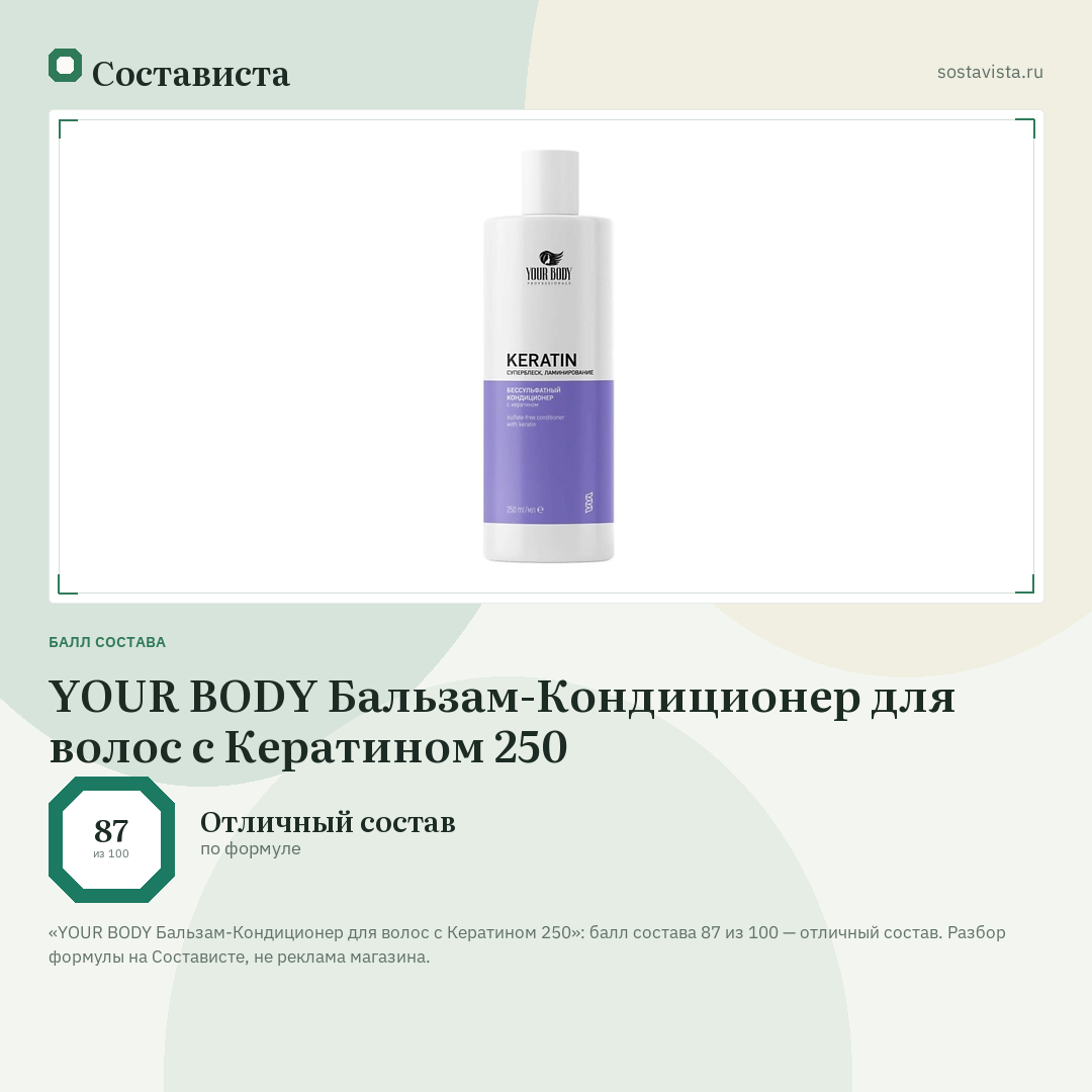 YOUR BODY Бальзам-Кондиционер для волос c Кератином 250: балл состава 87 из 100 — Состависта