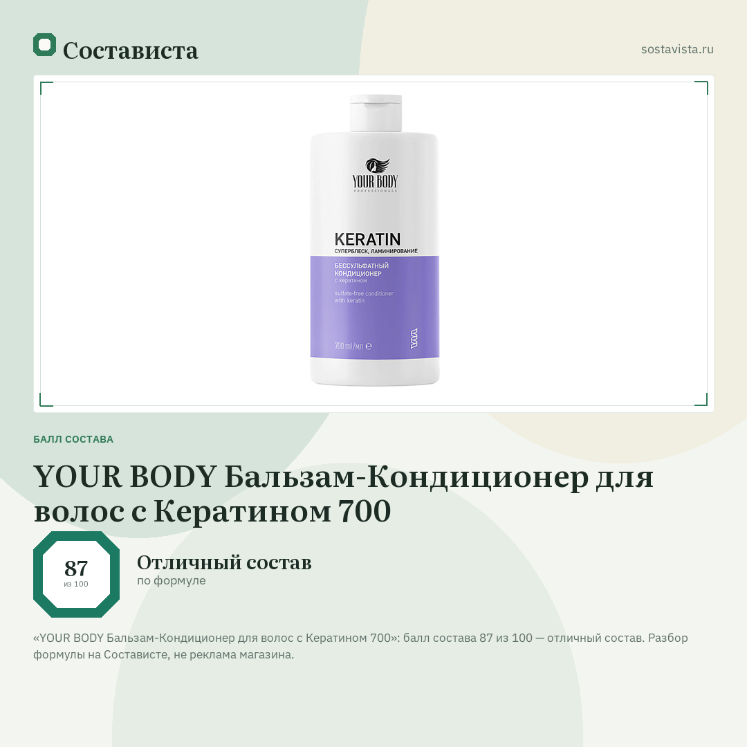 YOUR BODY Бальзам-Кондиционер для волос c Кератином 700: балл состава 87 из 100 — Состависта