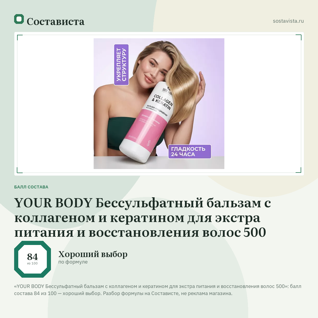 YOUR BODY Бессульфатный бальзам с коллагеном и кератином для экстра питания и восстановления волос 500: балл состава 84 из 100 — Состависта