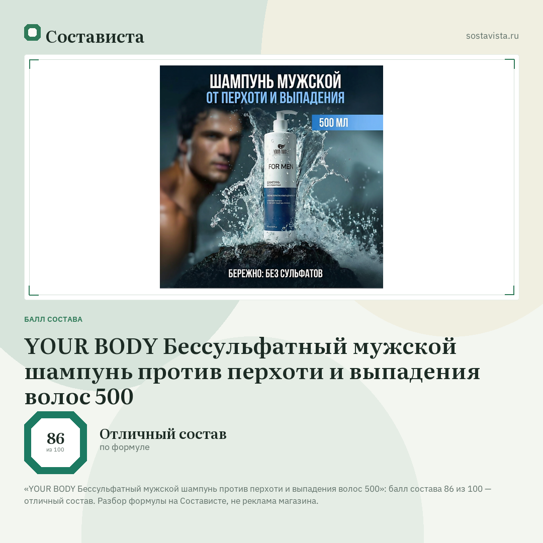 YOUR BODY Бессульфатный мужской шампунь против перхоти и выпадения волос 500: балл состава 86 из 100 — Состависта